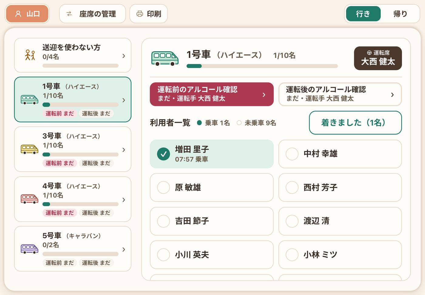 受付の画面。車ごとに乗った方・着いた方が並んでいる