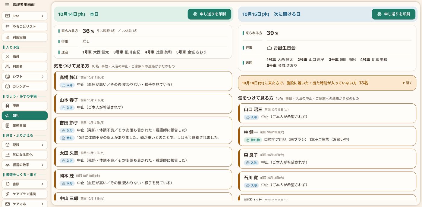 朝礼の申し送りの画面