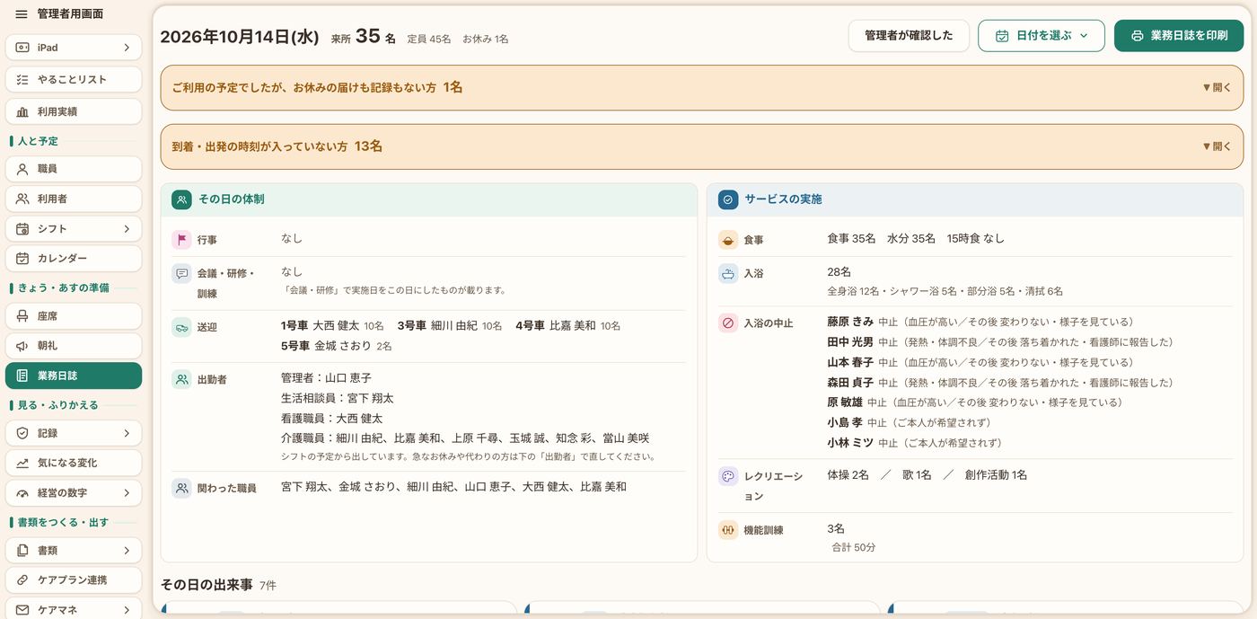 業務日誌の画面